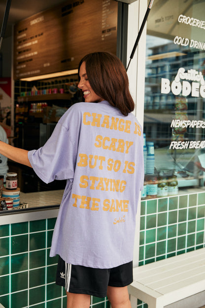 THE VERY OVERSIZED SELF LOVE CLUB TEE – PURPLE

Step into fearless comfort with The Very Oversized Self Love Club Tee in a dreamy purple wash. This statement piece combines laid-back street style with an empowering back print that reads: “CHANGE IS SCARY BUT SO IS STAYING THE SAME.”