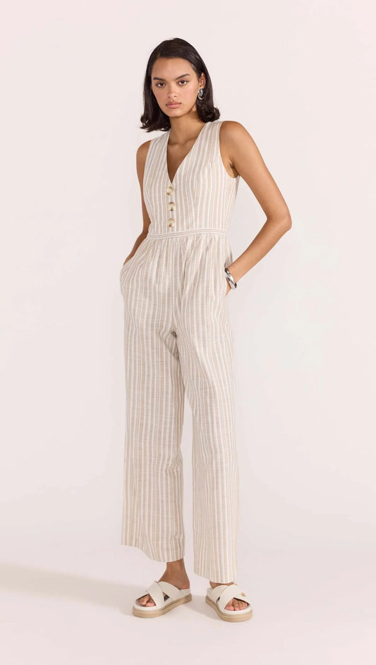 Embrace those warmer months with this on trend striped peace, the Edra Jumpsuit. A jumpsuit is an easy win, not only is it super comfortable its also stylish and practical for those busy days making it an effortless choice. Style with chunky slides or sandals, jewellery and your favourite neutral toned sunglasses to complete the look.