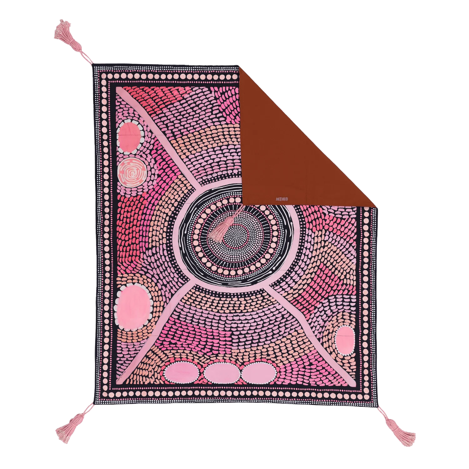 The first of our Artists Series, the Miinggi Jaanymili Picnic Rug features Indigenous artists duo Miimi and Jiinda’s artwork. The symbol in the middle represents a meeting place where people come together and connect. The circles around the outside are neighbouring tribes, friends and family that journey along the pathways, meeting in the middle to share stories, culture, food and celebrations.