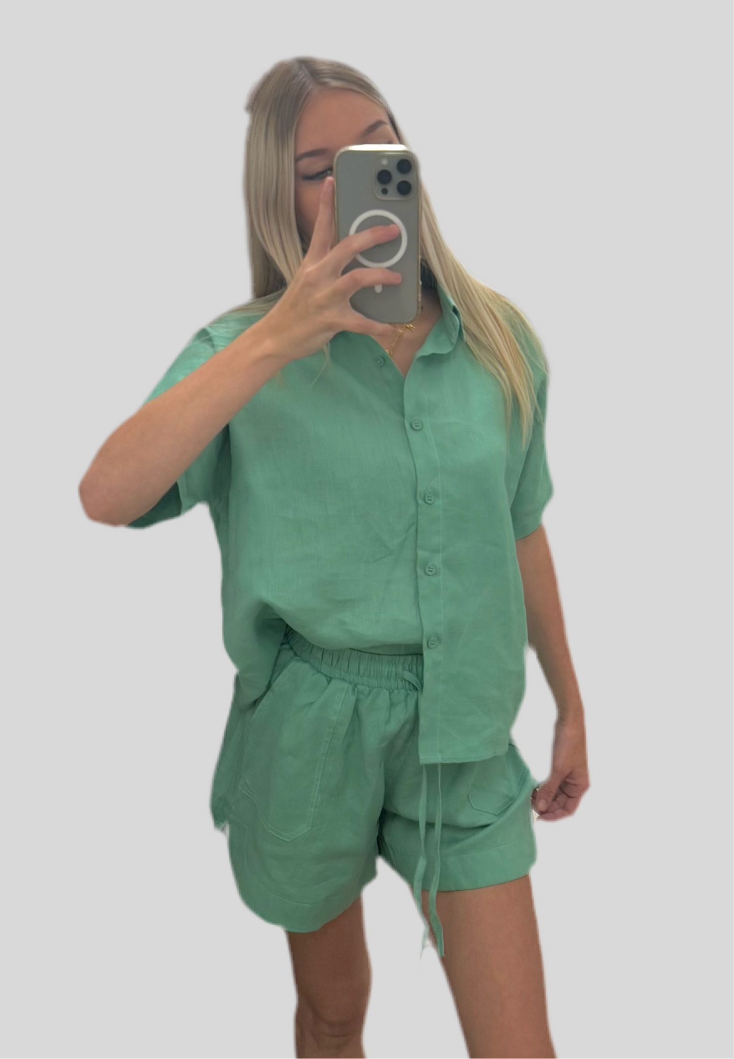 Indulge in luxury with our Mint Green Linen Top by Little Lies the Label. Made from high-quality linen, this top features a classic collar and sophisticated button-up front. Perfectly pairs with matching shorts or can be styled separately for a versatile and chic look. Elevate your wardrobe with this elegant and exclusive piece.