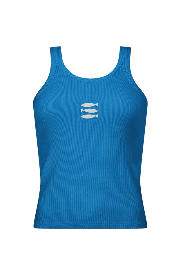 Introducing the latest Araminta James San Sebastian Tank in Deep Sea Blue, crafted from a fine cotton elastane rib fabric with their seasonal marina artwork embroidered at the front. Thoughtfully updated from their best-selling Classic Tank, this style is a sporty chic shape with thin straps, high-cut neckline and racer-style back. Designed to perfectly complement their new Sebastian Short in matching Deep Sea Blue.

Rib fabric