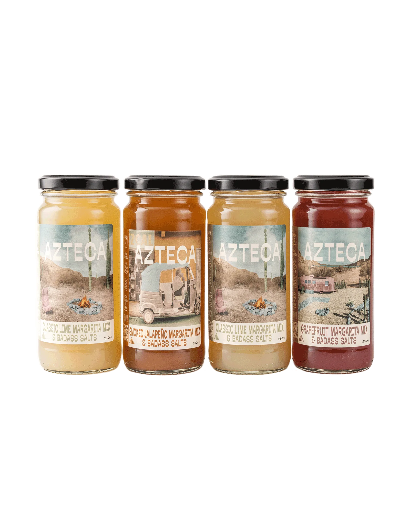 Why choose if you don’t have to?

Includes 1x 250ml bottle of each flavour of Mix + AZTECA Classic Badass Salt

Makes 16 margaritas (just add tequila & shake)

THE FLAVOURS

Smoked Jalapeno - rich and full bodied, it's a campfire in the woods, chillies & salted caramel.

Grapefruit & Hibiscus - pretty in pink, it's a spring bloom. Fruity and floral, spry and bright

2 x Classic Lime - thirst quenching, juicy and lime forward with a hint of cooked pineapple. Perfect balance of salty, sour and sweet