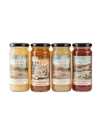 Why choose if you don’t have to?

Includes 1x 250ml bottle of each flavour of Mix + AZTECA Classic Badass Salt

Makes 16 margaritas (just add tequila & shake)

THE FLAVOURS

Smoked Jalapeno - rich and full bodied, it's a campfire in the woods, chillies & salted caramel.

Grapefruit & Hibiscus - pretty in pink, it's a spring bloom. Fruity and floral, spry and bright

2 x Classic Lime - thirst quenching, juicy and lime forward with a hint of cooked pineapple. Perfect balance of salty, sour and sweet