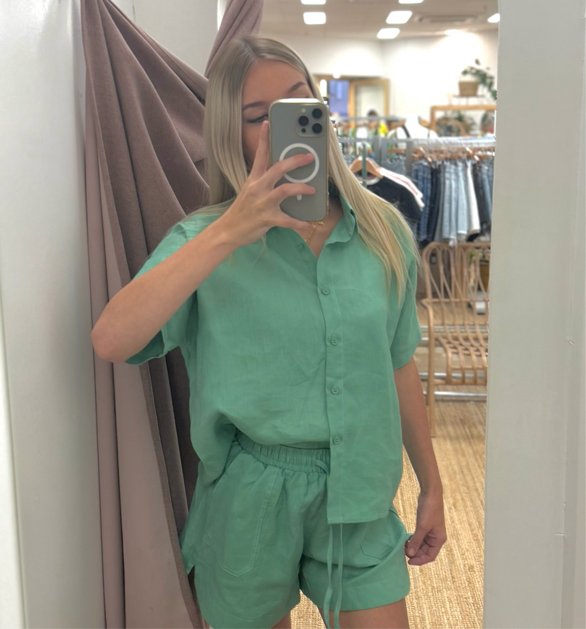 Indulge in luxury with our Mint Green Linen Top by Little Lies the Label. Made from high-quality linen, this top features a classic collar and sophisticated button-up front. Perfectly pairs with matching shorts or can be styled separately for a versatile and chic look. Elevate your wardrobe with this elegant and exclusive piece.