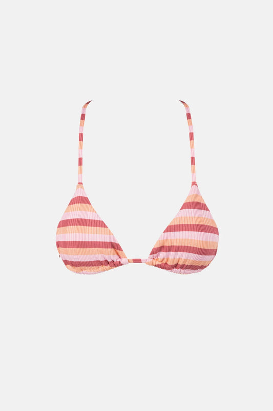 The Ibiza Stripe Rib Slide Tri Top in Pink exudes coastal charm with its ribbed texture and halter design. Featuring adjustable straps for a customizable fit, this swim essential offers timeless versatility for beachside lounging or active days in the surf.