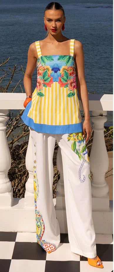 Product features 

Longline cami top
Floral bust print placement
Gather & elastic straps at back 
Loose straight cut
No zipper
Cotton lined
Contrast blue facing hemline and side seam splits
20% Linen 60% Cotton 20% Poly
New light weight linen blend fabric
Hand drawn exclusive print