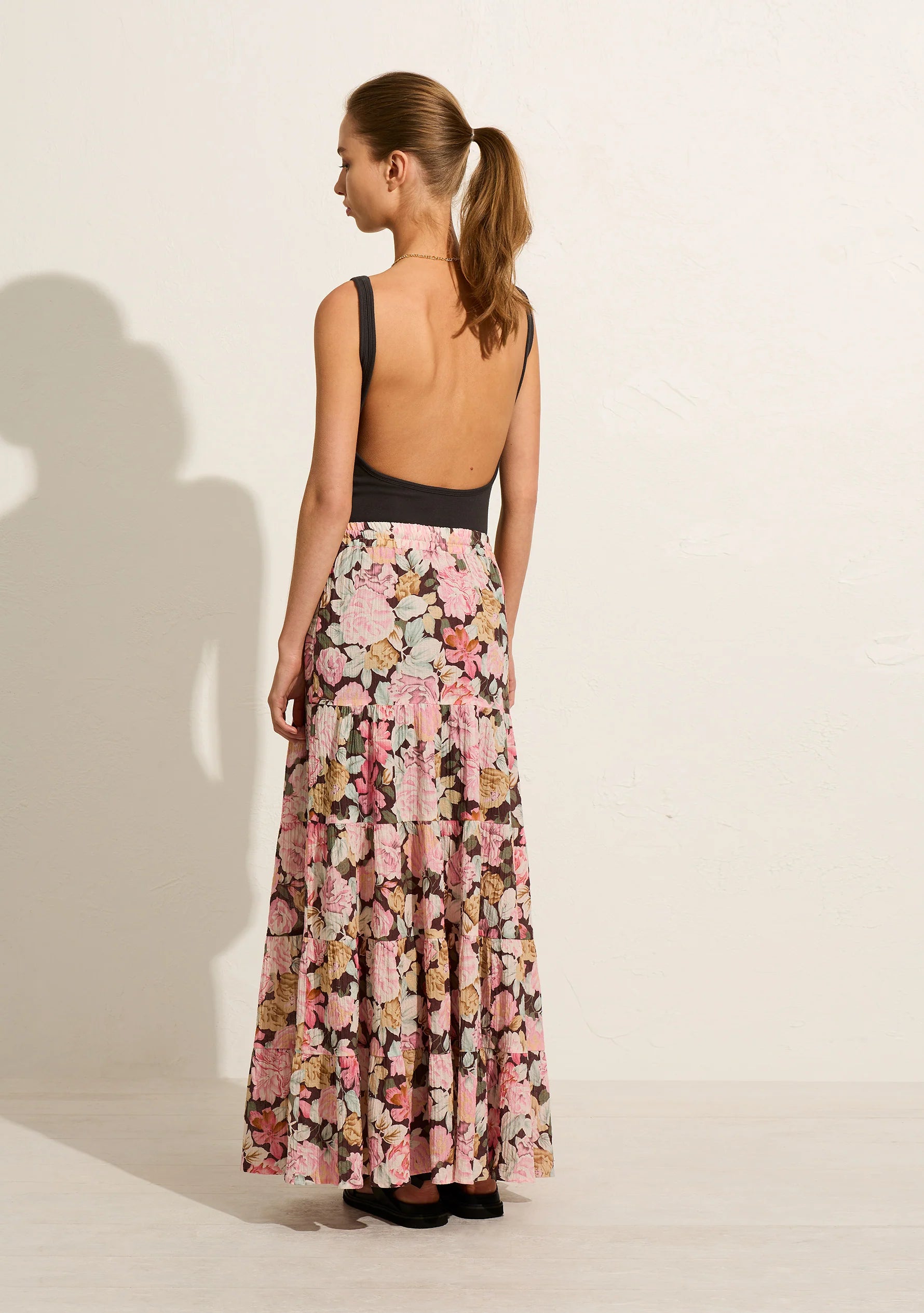 The Sophia Amani Maxi Skirt is crafted from soft cotton in our feminine blush floral. Featuring an elasticated waistband with a functional drawcord, voluminous tiered silhouette and short skirt lining