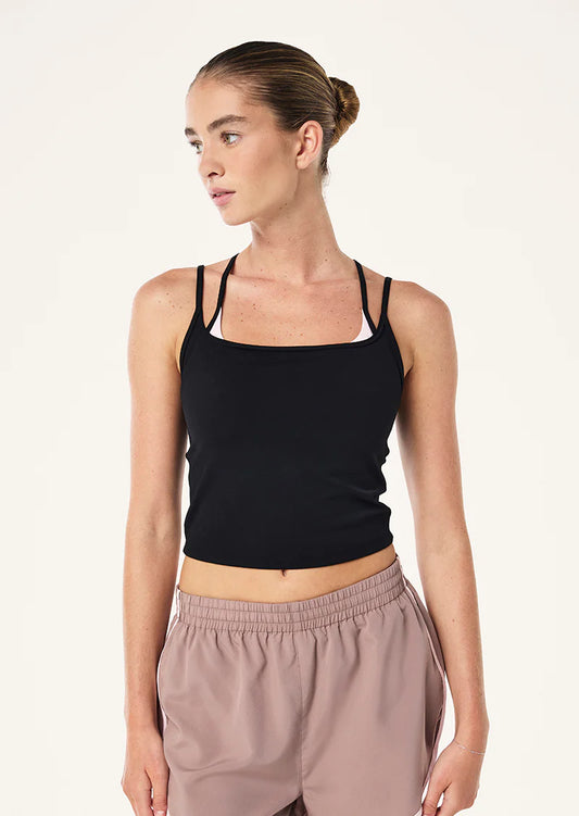 The Distortion Tank in Black &amp; Chalk Pink comes as part of our FUTURE MODERN Collection. Made from our new Studio Soft fabrication, this tank features a flattering double layer square neckline, adjustable straps, and an inbuilt bra with removable cups to serve as the ultimate wardrobe staple. Pair the tank with an active legging for your low intensity workouts or style with the Award pant for an elevated athleisure look.