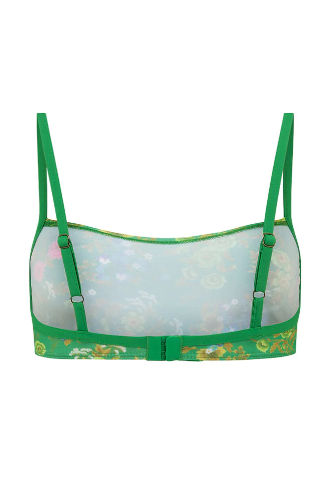The Flora Scoop Bralette in Citrus Crush is a new take on a familiar Spell style. Endlessly versatile, this supportive and comfortable bralette can be worn as a top with denim or as swim. Featuring the Flora print in striking green with pops of pastel gold and pink florals, this bralette is for the daydreamers with adventurous hearts