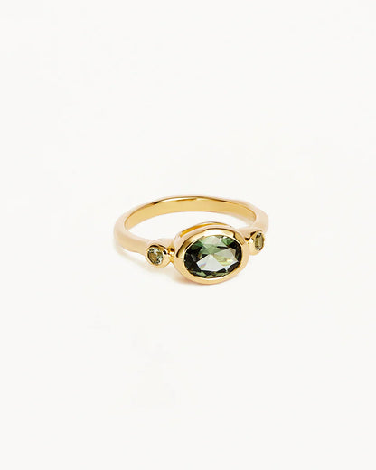 Bring harmony to your soul in the statement&nbsp;18k Gold Vermeil Radiant Soul Ring - Tourmaline. This radiant ring features a synthetic green tourmaline, calling upon the power of its natural counterpart to bring balance and stability. Set with a trio of synthetic tourmaline stones, this gemstone ring is the perfect bold addition to your ring stack.