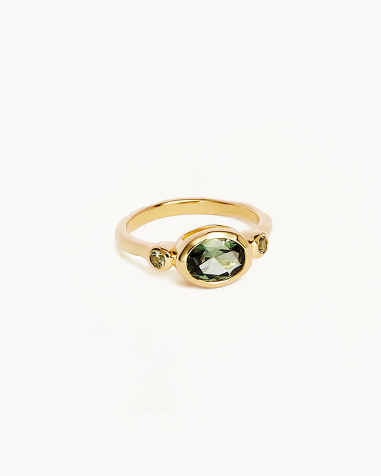 Bring harmony to your soul in the statement&nbsp;18k Gold Vermeil Radiant Soul Ring - Tourmaline. This radiant ring features a synthetic green tourmaline, calling upon the power of its natural counterpart to bring balance and stability. Set with a trio of synthetic tourmaline stones, this gemstone ring is the perfect bold addition to your ring stack.