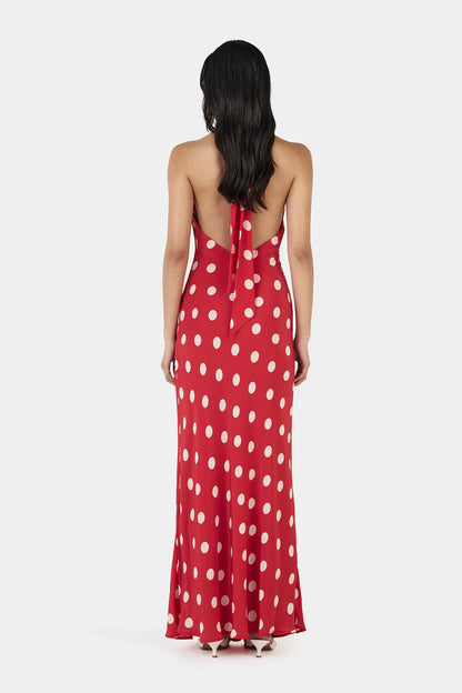 The Elyse Maxi Dress is a flattering V-neck halter maxi dress with a low scoop back and adjustable neck tie. Fully lined for a smooth silhouette and finished with a side seam zip for entry, this dress can take you anywhere.