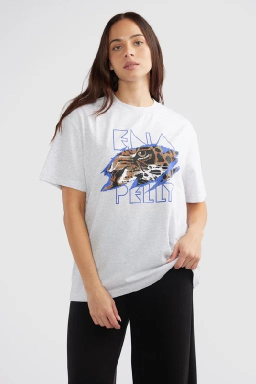 The Jessie Oversized Tee - Tigers Eye, is an updated version of our best selling EP classic Tigers Eye print. The Tee has been crafted from a recycled cotton blend in an oversized silhouette with a ribbed neckline. The tee features a large scale animal inspired print to the front and our monogram subtly embroidered on the back beneath the collar.