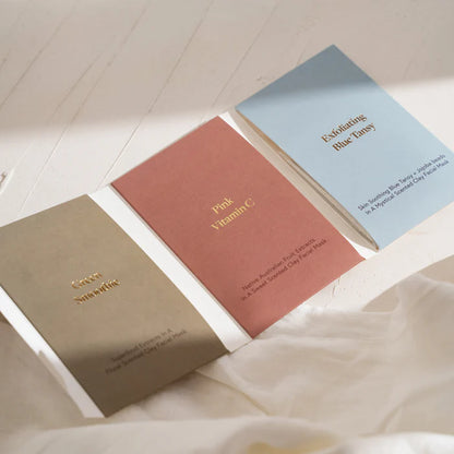 Discover radiant skin with our Australian-made Face Mask Discovery Set, featuring three natural clay masks—Pink Vitamin C for brightening, Blue Tansy for gentle exfoliationg and sensitive skin soothing, and Green Smoothie for detoxifying. Thoughtfully crafted with premium botanical ingredients, each mask offers a unique mindful self-care ritual to nourish and transform. Beautifully presented in sustainable recyclable pouches and compostable cellos, this luxury skincare set is perfect as a thoughtful wellnes