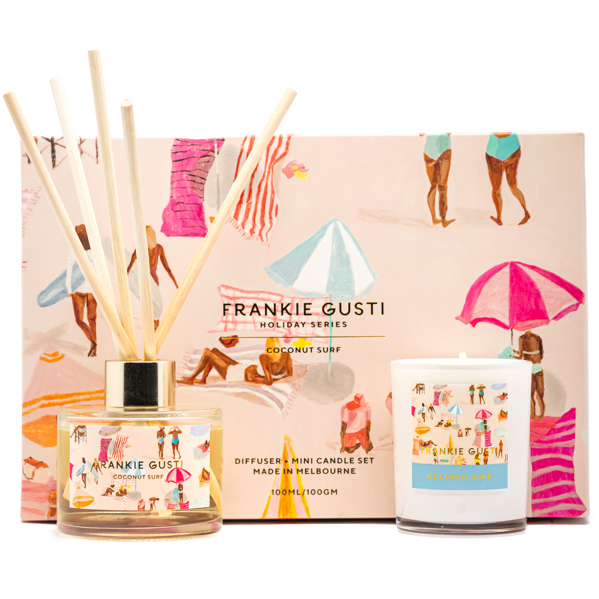 Drift away to a coastal paradise with the Holiday Series Duo in Coconut Surf by Frankie Gusti x Janey Forbes. Infused with creamy coconut, smooth vanilla, and a whisper of sea salt, this sun-soaked fragrance captures the laid-back rhythm of endless summer days.