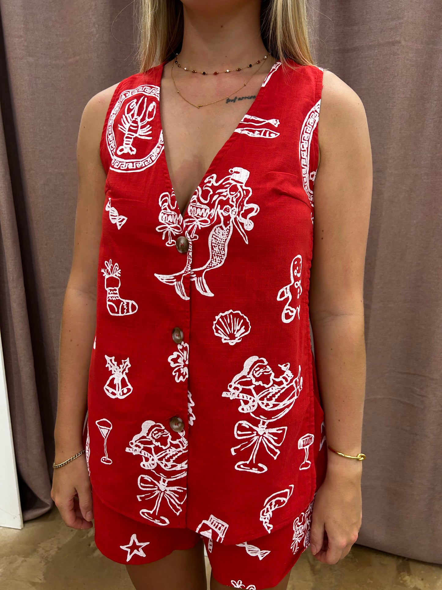 Red Santa Print Panel Short Set