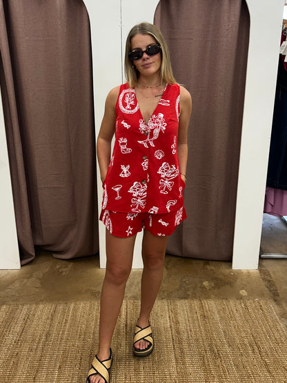 Red Santa Print Panel Short Set