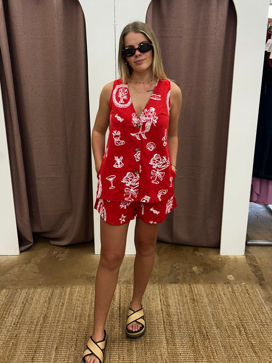 Red Santa Print Panel Short Set