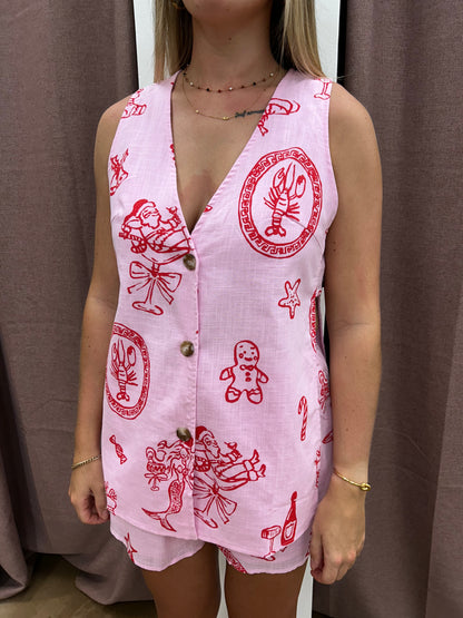 Pink Santa Print Panel Short Set