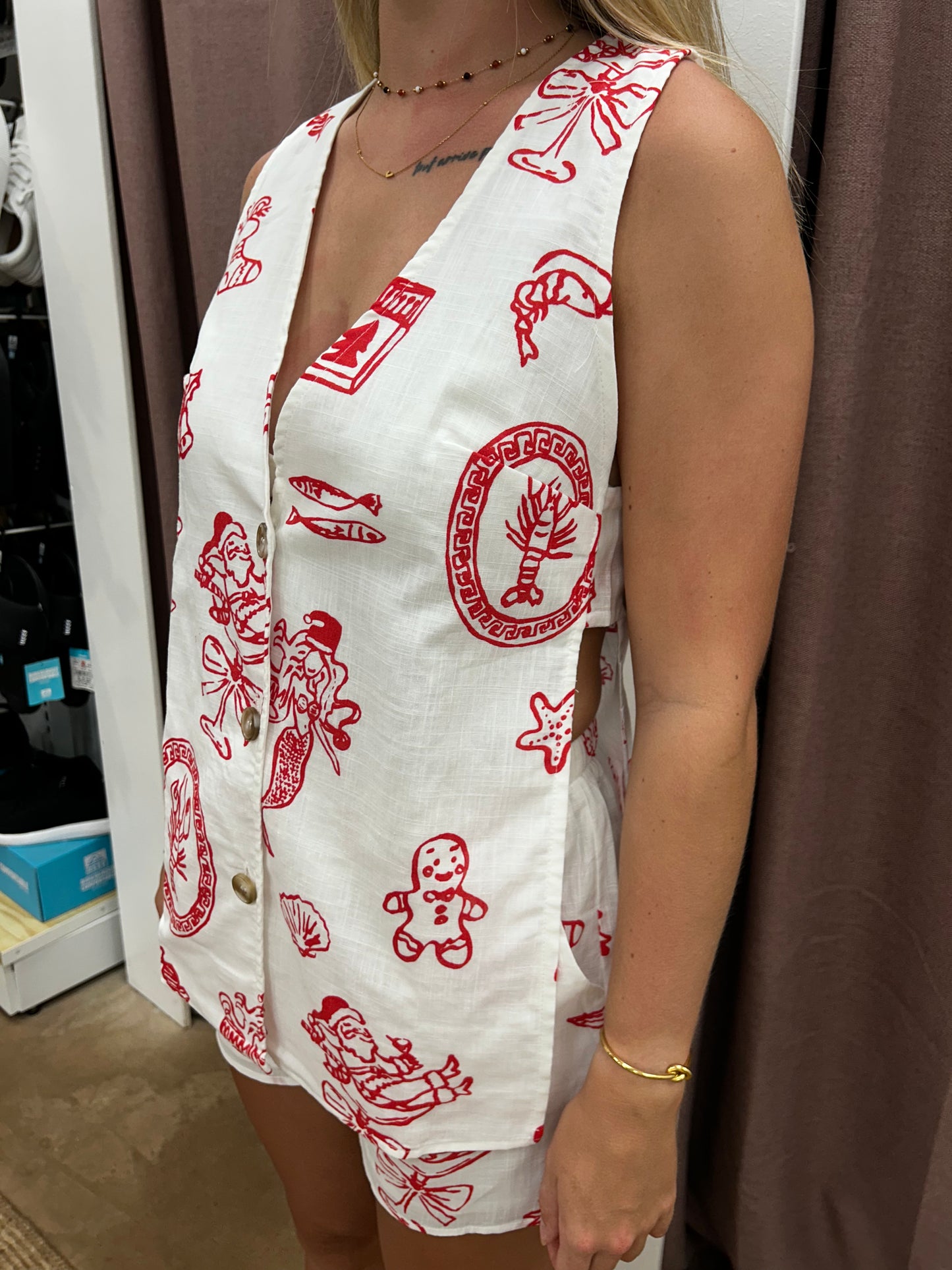 White Santa Print Panel Short Set