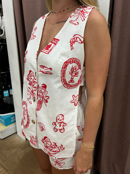 White Santa Print Panel Short Set