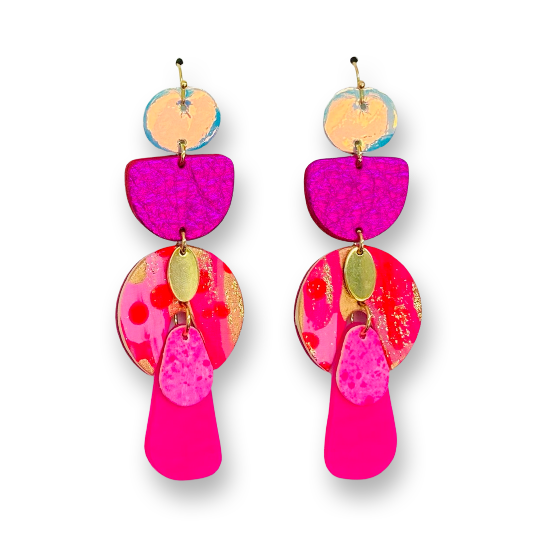 Gorgeous statement earrings in a range of delicious bright pinks, pearl and gold. Handmade using golden stainless steel hooks by Polka Polly.