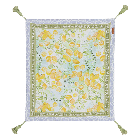The Le Lemon Picnic Rug features a hand drawn design imbued with the memory of balmy late summer nights on the Amalfi coastline.