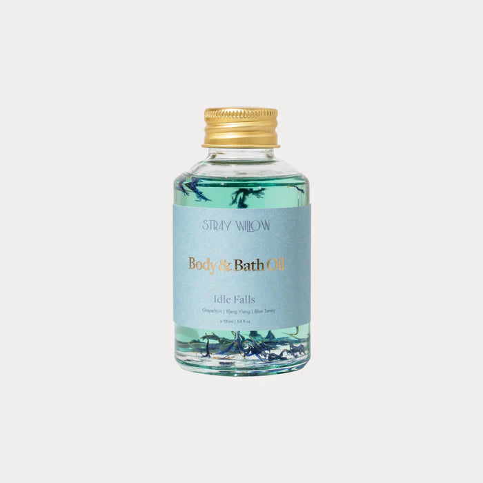 Create a moment of calm with our Australian-made and naturally nourishing Idle Falls Body &amp; Bath Oil. This soothing blend of Grapefruit, Bergamot, Ylang Ylang, and Blue Tansy essential oils is crafted to ease the senses while deeply hydrating and restoring tired, sensitive skin. Rich in Apricot Kernel and Sunflower oils, it melts in effortlessly—leaving skin soft, radiant, and replenished. Use as a moisturiser, bath soak, or hair treatment to invite stillness into your routine. Thoughtfully housed in a 