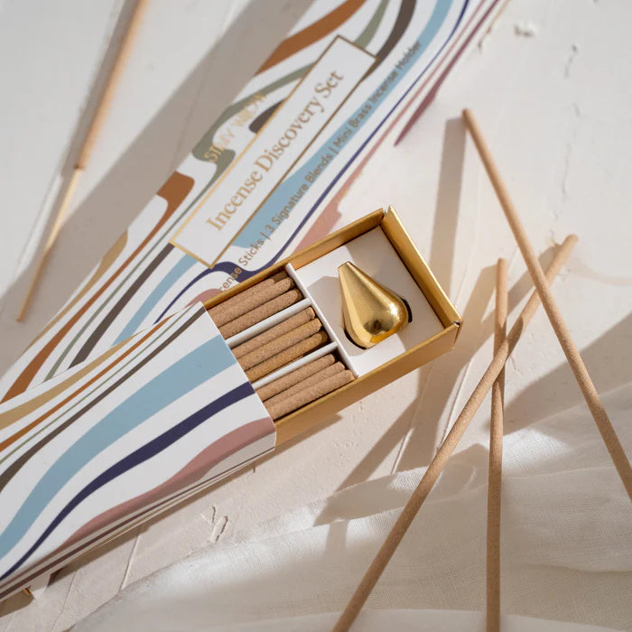 Elevate your space with our Incense Discovery Set, featuring three best-selling natural incense blends—6 Wild Fields, 6 Sweet Muse, and 6 Woodlands—plus a mini brass incense holder. Crafted with pure essential oils, each scent invites calm and connection. A beautiful gift set or a mindful way to explore all three. Sustainably made for meaningful moments of aromatic ritual.
3 x 6 sticks + Mini Brass Holder
