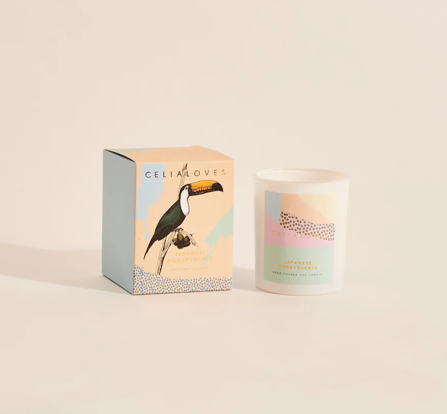 With the delicate fragrance of the sweet flowering vine, our cult favourite Japanese Honeysuckle will make your heart melt and your soul bloom.

Celia Loves scented soy candles have been carefully curated to instantly elevate your everyday moments and *seriously* scent your space. Hand-poured into contemporary glass vessels using only 100% cotton, lead-free wicks, they’re a chic addition to any space (and an epic gift that will get you LOTS of brownie points).&nbsp;