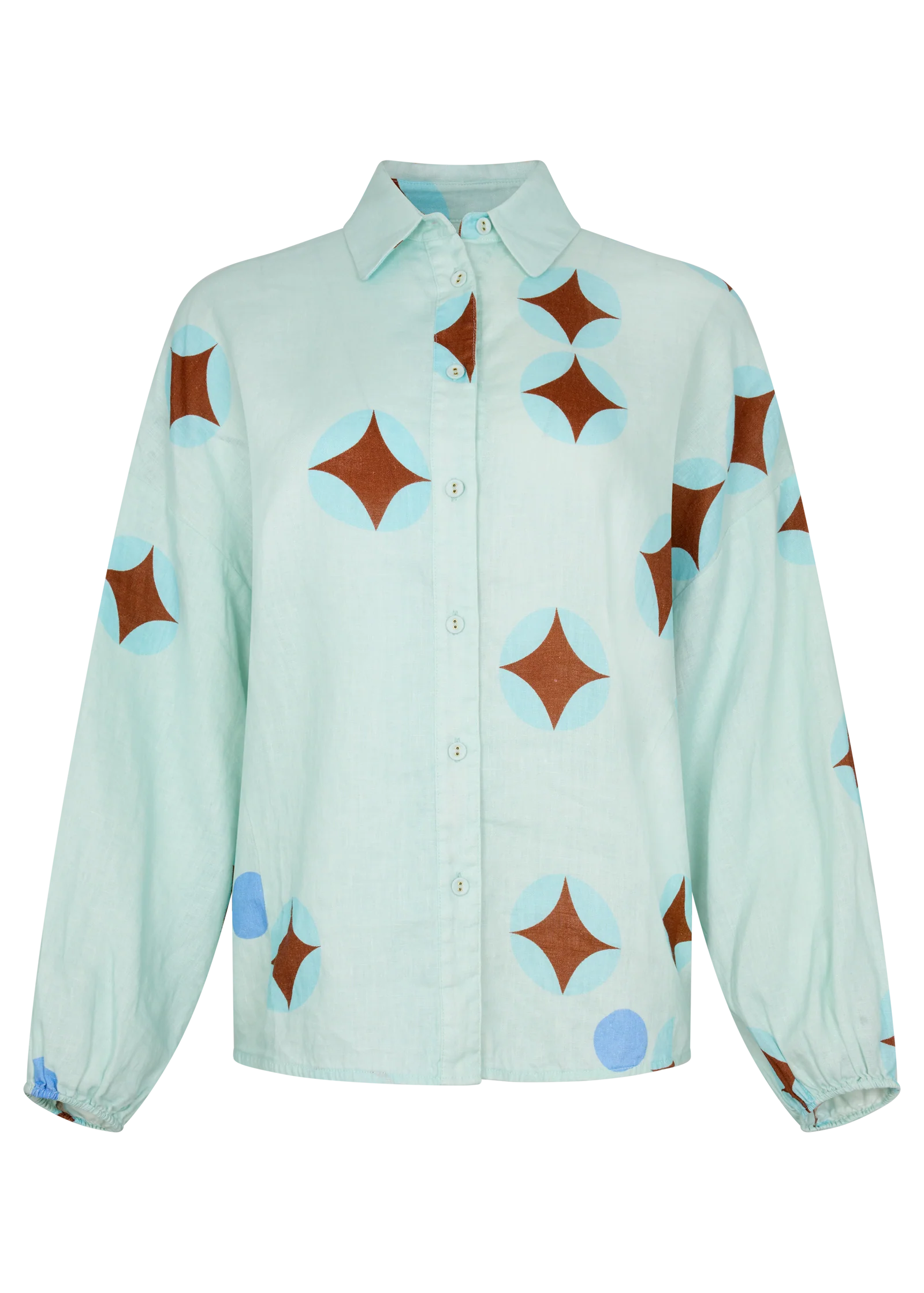 Aquarius Chalm shirt - A relaxed airy shirt perfect for roaming unchartered European streets and dancing in the dark. A unique brown celestial print features on soft baby blue linen trims. It’s floaty, effortless, and just the right amount of whimsical. Style it buttoned-up or layered loose!