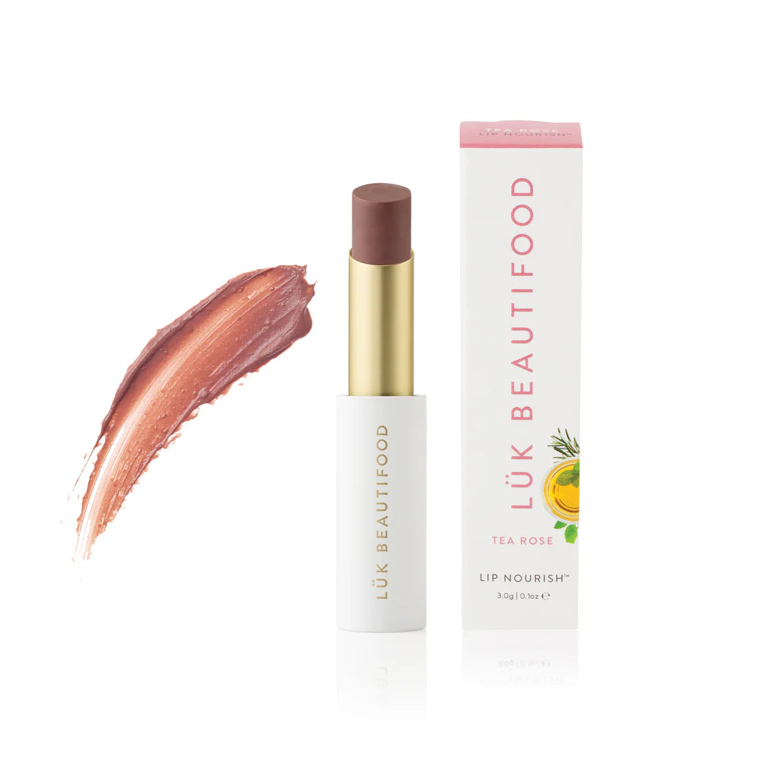 Tea Rose is a wearable neutral with a hint of mauve.  It enhances and evens out natural lip colour.  A universally flattering shade, it has an elegant scent and is deeply hydrating. Makes lips the best version of themselves.  A Luk Beautifood bestseller.