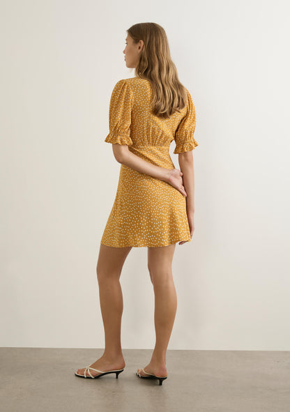 Feminine, flirty, and effortlessly chic — the Myles Mini Dress is your go-to piece for sunshine-filled days and warm evenings out. Designed in a soft mustard hue with a playful white polka-dot print, this mini features a deep V-neckline trimmed with delicate lace, adding the perfect touch of romance.