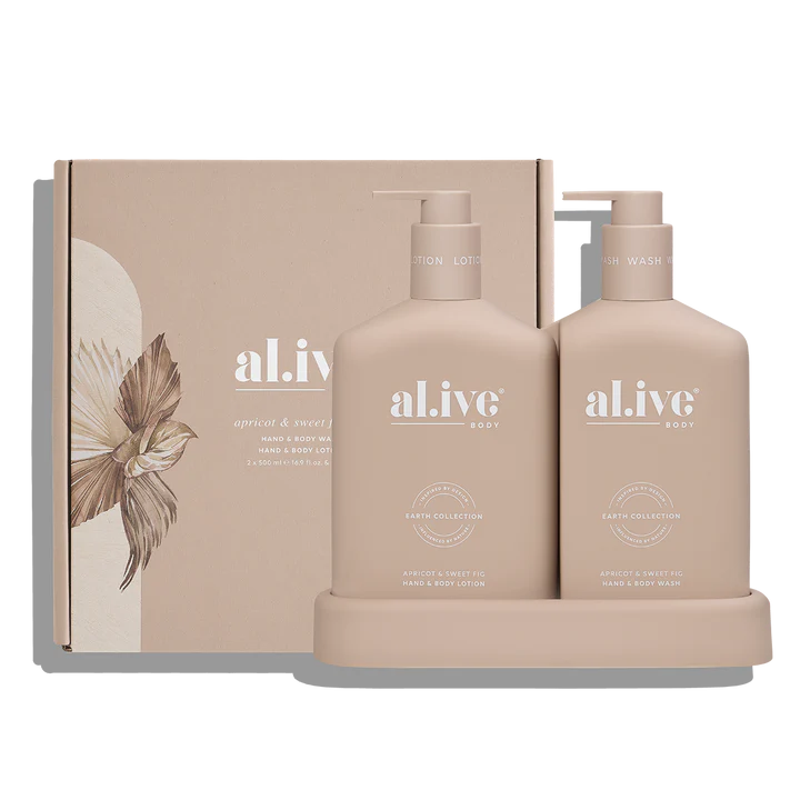 al.ive body - A 500ml Hand &amp; Body Wash and 500ml Hand &amp; Body Lotion housed in interlocking bottles that sit neatly within a matching tray. Presented in the Nude colourway in our sweet Apricot &amp; Sweet Fig scent, a warm blend of ripe fruit and vanilla.