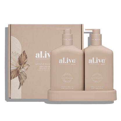 al.ive body - A 500ml Hand &amp; Body Wash and 500ml Hand &amp; Body Lotion housed in interlocking bottles that sit neatly within a matching tray. Presented in the Nude colourway in our sweet Apricot &amp; Sweet Fig scent, a warm blend of ripe fruit and vanilla.