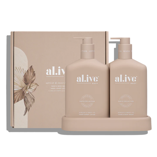 al.ive body - A 500ml Hand &amp; Body Wash and 500ml Hand &amp; Body Lotion housed in interlocking bottles that sit neatly within a matching tray. Presented in the Nude colourway in our sweet Apricot &amp; Sweet Fig scent, a warm blend of ripe fruit and vanilla.