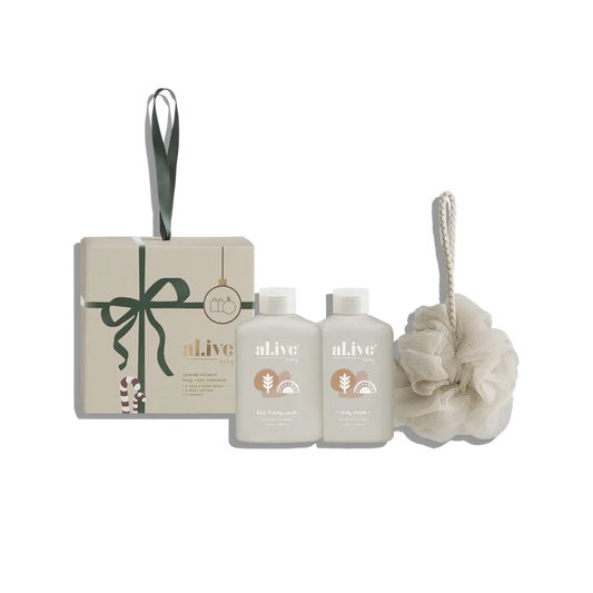 Our Limited Edition Baby Wash and Lotion in adorable bauble packaging with soft natural sponge. Features soothing Calming Oatmeal scent specially formulated for delicate skin - perfect for holidays with little ones.