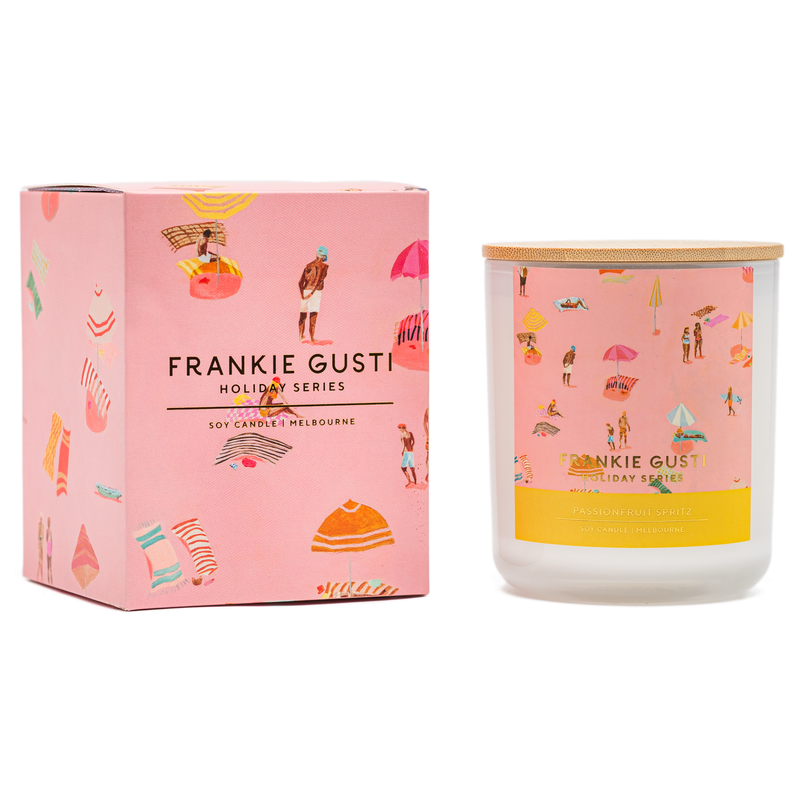 Bright, bubbly, and irresistibly summery — the Holiday Series Candle in Passionfruit Spritz by Frankie Gusti x Janey Forbes captures the carefree joy of long, sun-soaked days by the coast.

This juicy fragrance blends tropical passionfruit with zesty citrus and hints of peach nectar and prosecco, creating an uplifting scent that feels like a beachside cocktail at golden hour.