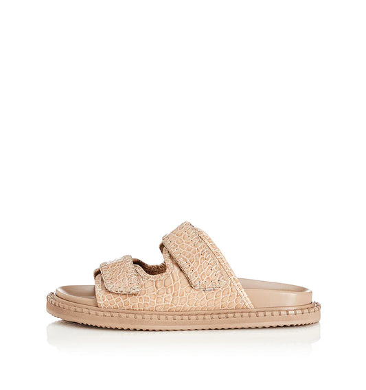 A classic spring sandal, meet the Paros from Alias Mae. Constructed from 100% leather, features include crocodile print, moulded footbed and velco straps