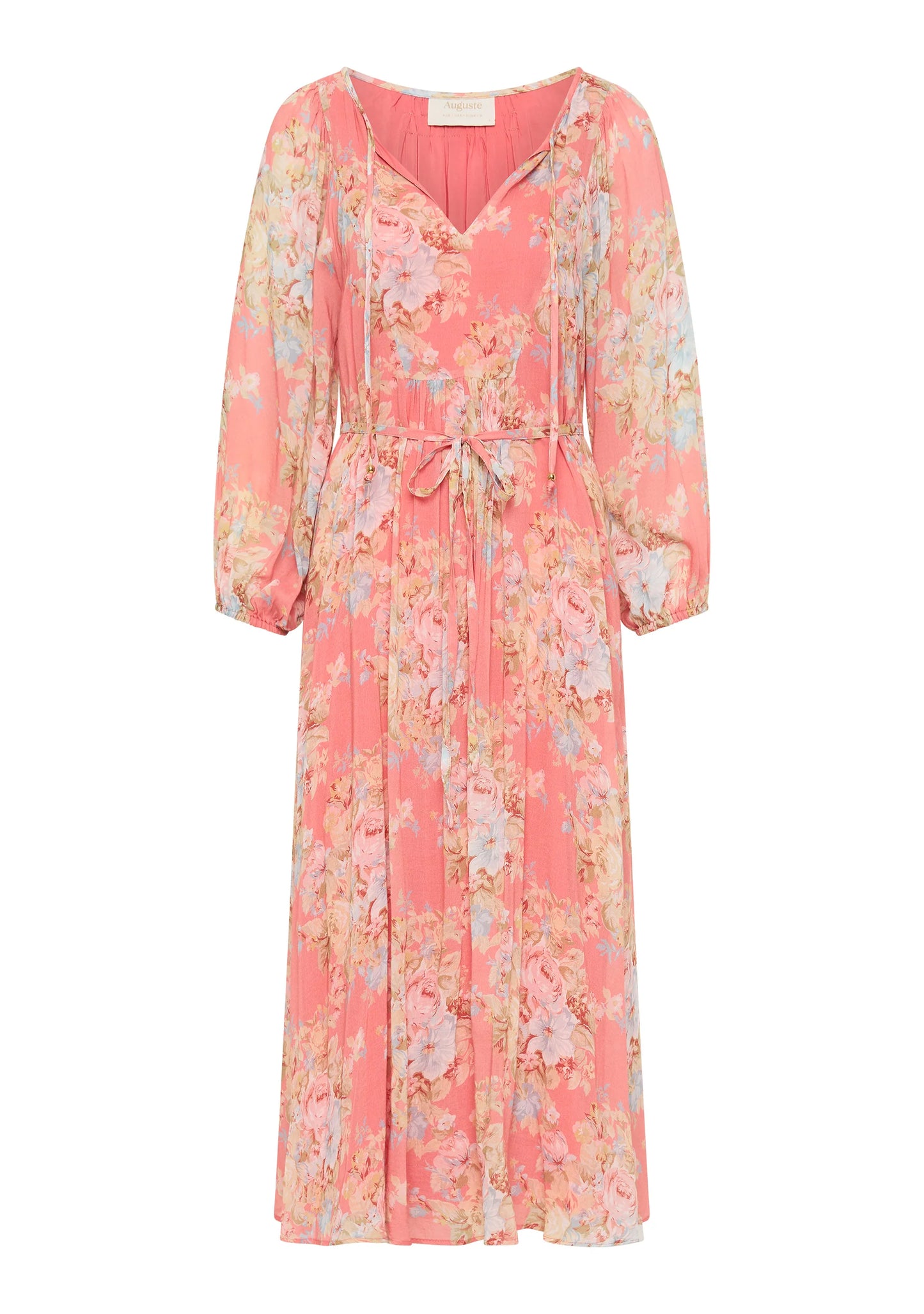 The Willow midi dress in our Bijoux floral in rose pink epitomises quintessential Auguste with its relaxed, floaty silhouette. It features an optional open-close neckline with tie detail, 3/4 elasticated sleeves, and an optional waist tie. Crafted from a silky cotton blend with a soft hand feel, it's an Auguste bestseller.