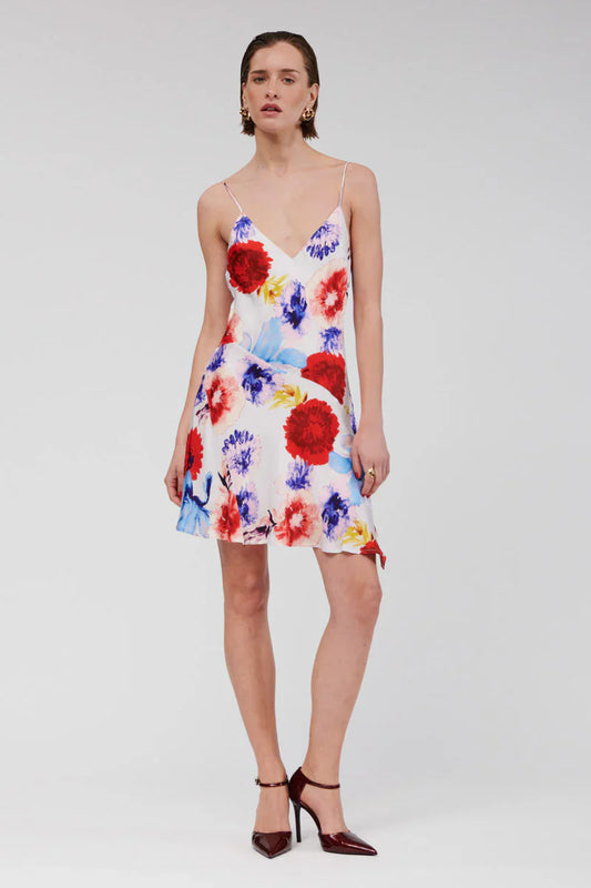 The Amie Slip Mini Dress features a feminine, vibrant floral pattern that beautifully compliments the skin. The dress is designed with a loose skirt and a V-neckline, making it versatile for both casual and formal occasions. A center back zipper ensures seamless opening and closure.