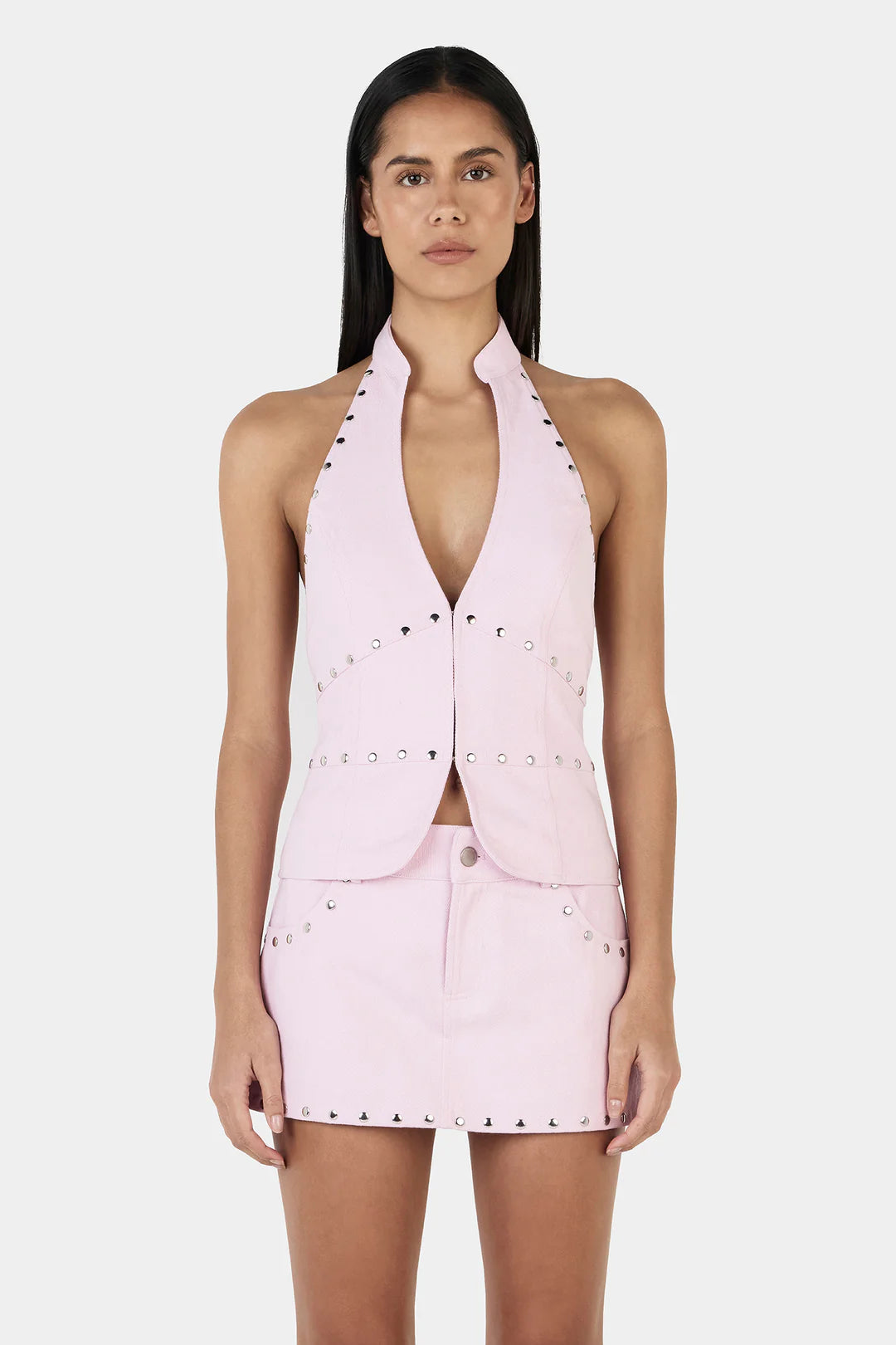 Ownley - The Selma Studded Top is a structured halter vest top with a plunging neckline and and silver studded detailing. The top features a hook and eye closure at the centre front and is backless. Pair with the matching Nikita Studded Skort for a complete set to mix and match.
