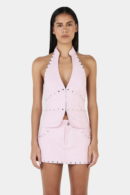 Ownley - The Selma Studded Top is a structured halter vest top with a plunging neckline and and silver studded detailing. The top features a hook and eye closure at the centre front and is backless. Pair with the matching Nikita Studded Skort for a complete set to mix and match.