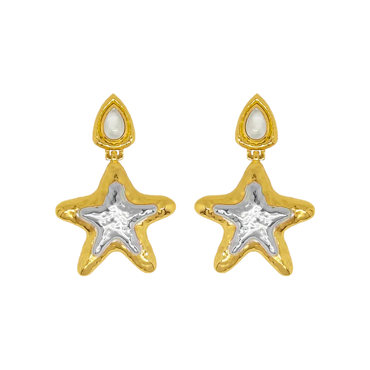 Step into the limelight with the Portia Earrings... Command attention, be bold, be fabulous and exude confidence with these divine star motifs. Featuring our signature hammered texture and adorned with cabochon Crystal Quartz stones. The Portia's mix metal finish takes this chic style to a whole other level. Truly the ultimate statement earrings!