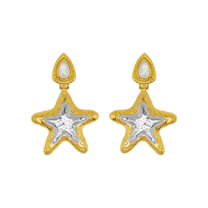 Step into the limelight with the Portia Earrings... Command attention, be bold, be fabulous and exude confidence with these divine star motifs. Featuring our signature hammered texture and adorned with cabochon Crystal Quartz stones. The Portia's mix metal finish takes this chic style to a whole other level. Truly the ultimate statement earrings!