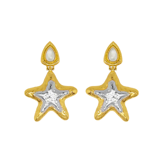 Step into the limelight with the Portia Earrings... Command attention, be bold, be fabulous and exude confidence with these divine star motifs. Featuring our signature hammered texture and adorned with cabochon Crystal Quartz stones. The Portia's mix metal finish takes this chic style to a whole other level. Truly the ultimate statement earrings!