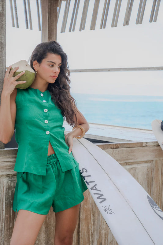 The Luna - Make way for the must have shorts this season. With their loose fit style and elasticated waist, they are your new seasonal uniform. Pair with our Lou Short Sleeve Shirt or Ellery Vest for the ultimate set or separate with your wardrobe staples.&nbsp;

Hand dyed using 100% Linen.
