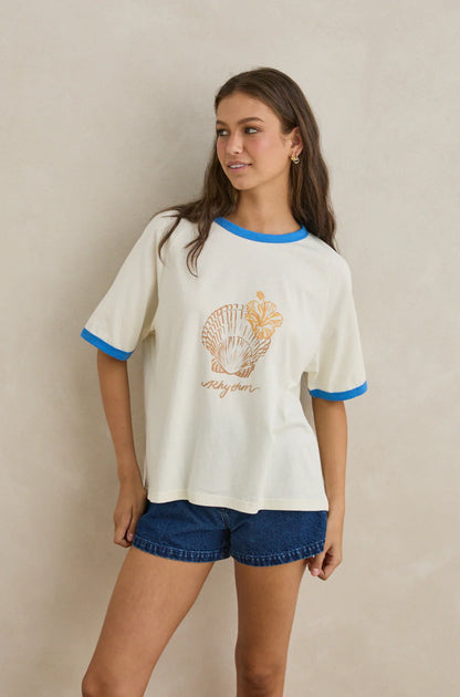 This vintage-inspired ringer tee features soft contrast binding and custom chest artwork. Made from breathable cotton in a relaxed fit for everyday wear.