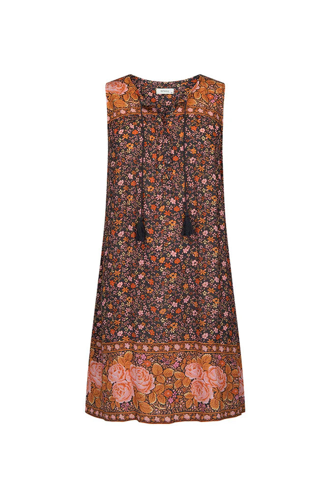 Our Love Jetty Sleeveless Tunic Dress in Balmy Nights is a Spell favourite style reimagined in dreamy deep hues spliced together with striking border details and rambling floral print. An easy throw on piece, our tunic is light and breezy featuring neck ties with tassels for some 70’s bohemian charm. Style with boots and a white blouse layered underneath or over your favourite denim with beads and bangles, the possibilities are endless!