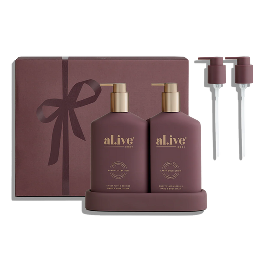 al.ive - Our exclusive Sweet Plum &amp; Berries scent featuring native Davidson Plum in signature interlocking bottles with Limited Edition mulberry colourway. Rich in Australian botanicals and antioxidants, this luxurious duo transforms daily care into moments of festive indulgence.